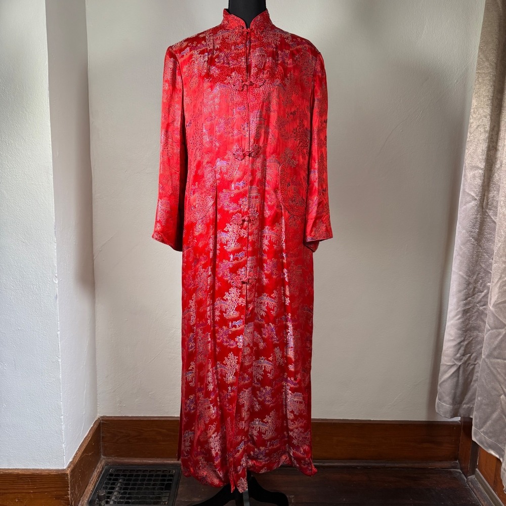 Peony Brand Vintage Dress Womens 38 Red Floral Rayon‎ 40s Asian Gown Robe China